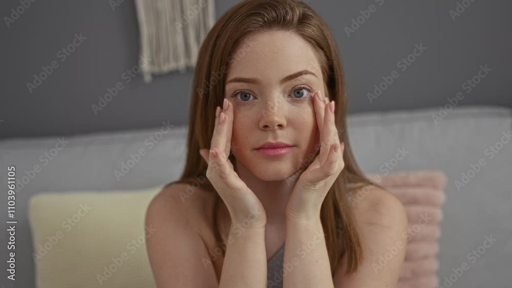Young woman relaxing in a cozy living room of her apartment with her hands on her face showcasing a candid expression of beauty and tranquility