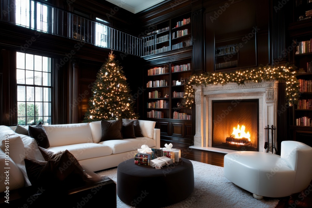 A beautifully decorated living room featuring a bright Christmas tree next to a warm fireplace, perfect for creating a festive and inviting atmosphere for family gatherings. A beautifully decorated living room featuring a bright Christmas tree next to a warm fireplace, perfect for creating a festive and inviting atmosphere for family gatherings.