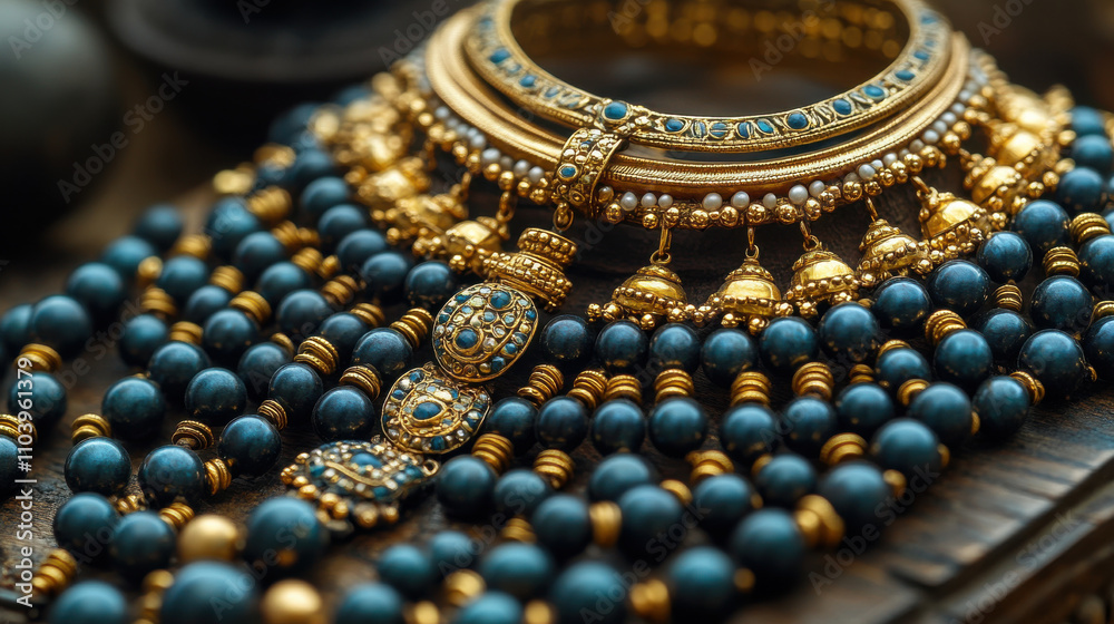 Luxurious gold jewelry with intricate designs and blue beads, displayed elegantly on dark background, exuding opulence and craftsmanship Luxurious gold jewelry with intricate designs and blue beads, displayed elegantly on dark background, exuding opulence and craftsmanship