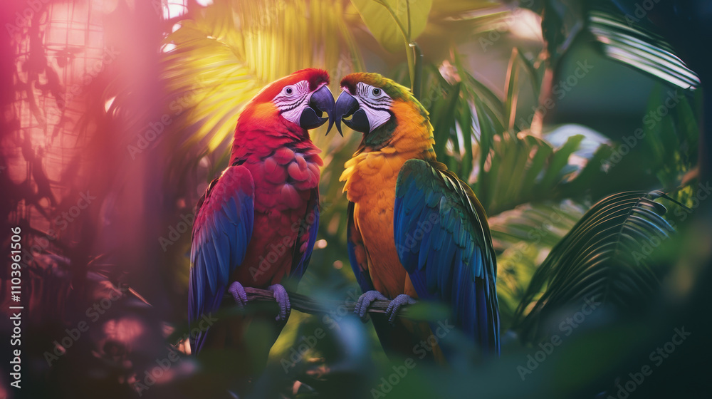 Fototapeta premium Colorful parrots in lush green setting, showcasing vibrant feathers and loving interaction. Their bright colors and playful demeanor create joyful atmosphere