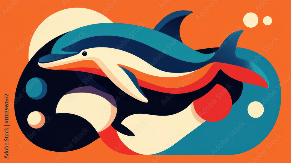 Reef Exploration and Underwater Photography. A vibrant, stylized illustration of dolphins swimming amidst colorful waves and bubbles against an orange background. Reef Exploration and Underwater Photography. A vibrant, stylized illustration of dolphins swimming amidst colorful waves and bubbles against an orange background.