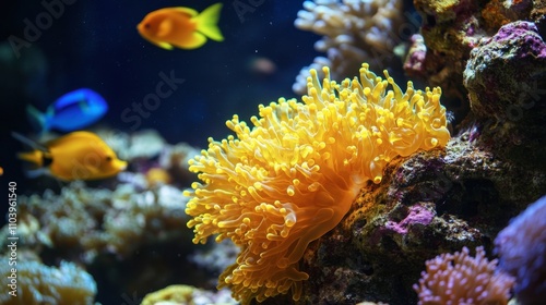 A bright yellow coral growing next to a sea sponge, surrounded by vibrant tropical fish.