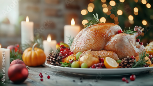 beautifully arranged Thanksgiving spread featuring roast turkey centerpiece surrounded by seasonal fruits, candles, and festive decorations, creating warm and inviting atmosphere