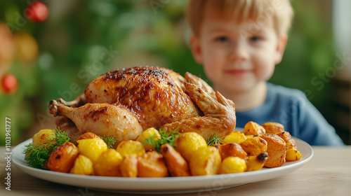Golden roast turkey with seasonal vegetables, perfect for festive gatherings. warm, inviting scene captures joy of sharing meal with loved ones