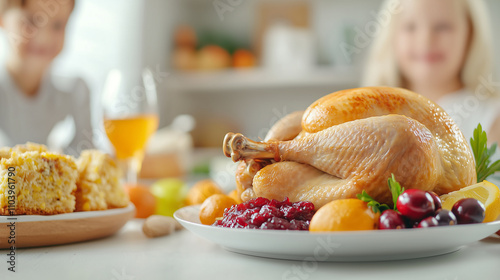Golden turkey served with fresh cranberry sauce, oranges, and cornbread, creating festive and inviting atmosphere for joyful gathering