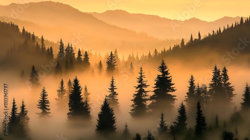 Golden Sunrise Mist Over Mountain Forest Trees