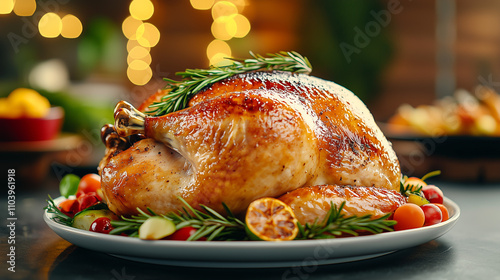 large roast turkey with crispy skin, garnished with fresh herbs and surrounded by colorful vegetables, creating festive and appetizing presentation