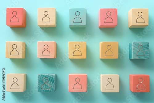 Pastel Employee Icons Flat Lay Grid Pattern Top View photo