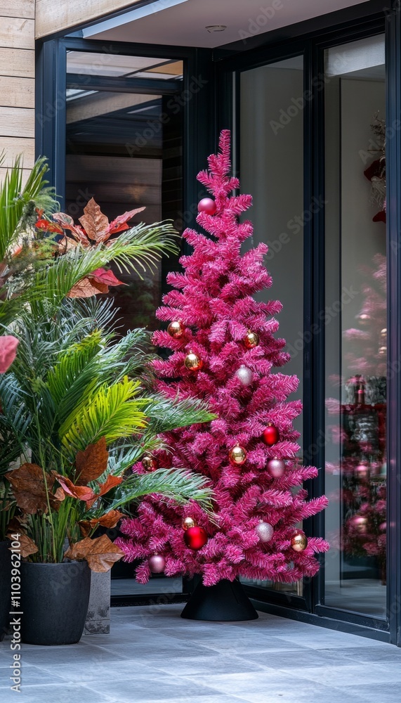 Modern courtyard scene with a bright pink christmas tree and stylish decorative plant accents Modern courtyard scene with a bright pink christmas tree and stylish decorative plant accents