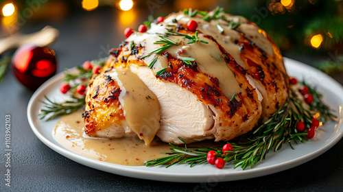 beautifully plated Thanksgiving turkey, drizzled with savory gravy, garnished with fresh herbs and red berries, creating festive and appetizing presentation