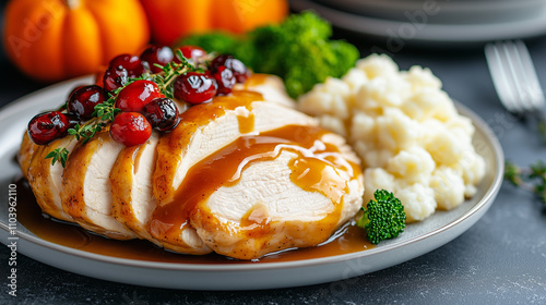 Sliced turkey breast with gravy, garnished with cranberries and thyme, served with mashed potatoes and broccoli, creating festive Thanksgiving meal