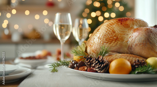 beautifully arranged Thanksgiving dinner table featuring large roast turkey, garnished with fresh herbs and fruits, set against festive background with twinkling lights