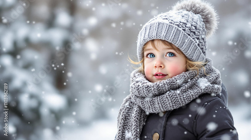 Red cheeks. Child bundled in a warm scarf and hat outdoors in winter with rosy cheeks from the cold