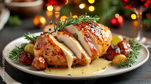 beautifully plated Thanksgiving turkey with gravy drizzled on top, garnished with fresh herbs and surrounded by roasted vegetables, creating festive and inviting atmosphere