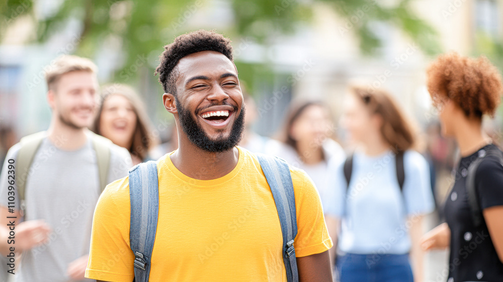 Young Man Smiling Joyfully Amidst Friends in a Lively Outdoor Setting