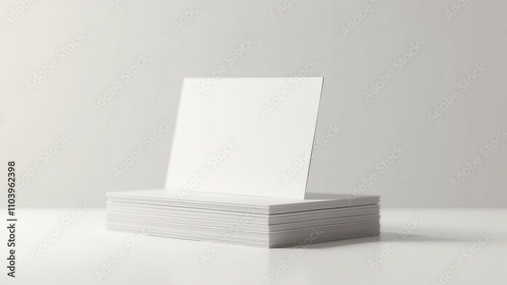 Card on desk for contact information. A stack of pristine white paper stands on a light gray surface, neatly aligned. The background is a muted gray, enhancing contrast. Card on desk for contact information. A stack of pristine white paper stands on a light gray surface, neatly aligned. The background is a muted gray, enhancing contrast.