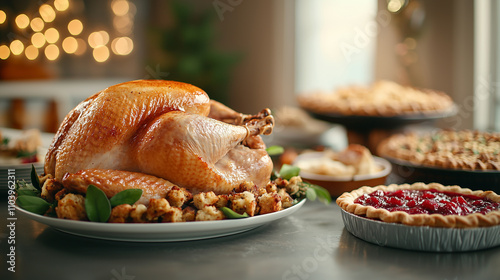 beautifully arranged Thanksgiving feast featuring golden roast turkey surrounded by stuffing, cranberry sauce, and various pies, creating warm and festive atmosphere