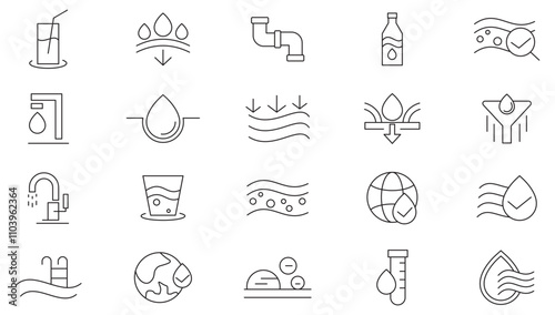 Water line icon set. Drop water, mineral water, shower, plastic bottle, Low and High Tide, Shower, Plastic, pipes, glass, pure aqua, moisture, hydrophobic line icon set. Ui thin kine icon pack.