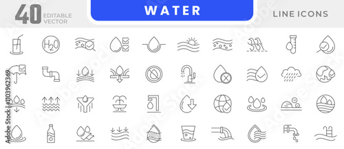 Water line icon set. Drop water, mineral water, shower, plastic bottle, Low and High Tide, Shower, Plastic, pipes, glass, pure aqua, moisture, hydrophobic line icon set. Ui thin kine icon pack.