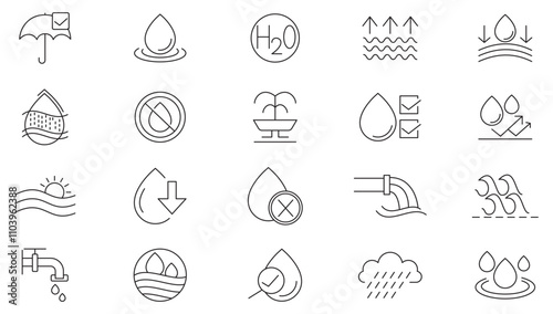 Water line icon set. Drop water, mineral water, shower, plastic bottle, Low and High Tide, Shower, Plastic, pipes, glass, pure aqua, moisture, hydrophobic line icon set. Ui thin kine icon pack.