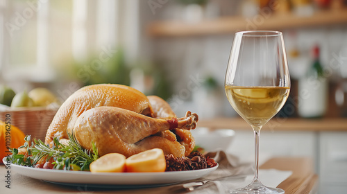 traditional Thanksgiving meal featuring roast turkey garnished with herbs, accompanied by glass of white wine. warm atmosphere evokes feelings of celebration and gratitude