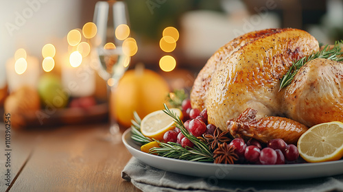 traditional Thanksgiving meal featuring beautifully roasted turkey garnished with fresh herbs, fruits, and spices, creating warm and festive atmosphere