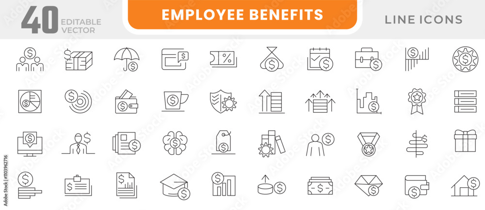 Employee Benefits line icon set. Reward, bonus, loyalty, star, winner, award, employee, bonuses, paid leave, maternity leave, pension, line icon set. UI thin line icon pack. Employee Benefits line icon set. Reward, bonus, loyalty, star, winner, award, employee, bonuses, paid leave, maternity leave, pension, line icon set. UI thin line icon pack.
