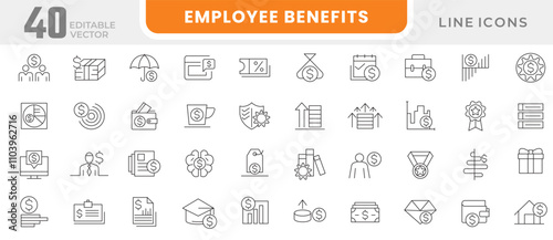 Employee Benefits line icon set. Reward, bonus, loyalty, star, winner, award, employee, bonuses, paid leave, maternity leave, pension, line icon set. UI thin line icon pack.