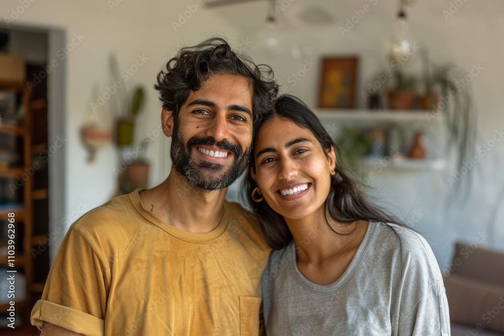 Portrait of a smiling indian couple in their 20s wearing a moisture-wicking running shirt while standing against crisp minimalistic living room Portrait of a smiling indian couple in their 20s wearing a moisture-wicking running shirt while standing against crisp minimalistic living room