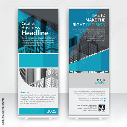Banners displaying architectural concepts and strategic decision-making in a modern business environment