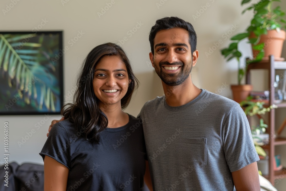 Fototapeta premium Portrait of a smiling indian couple in their 20s wearing a moisture-wicking running shirt on crisp minimalistic living room