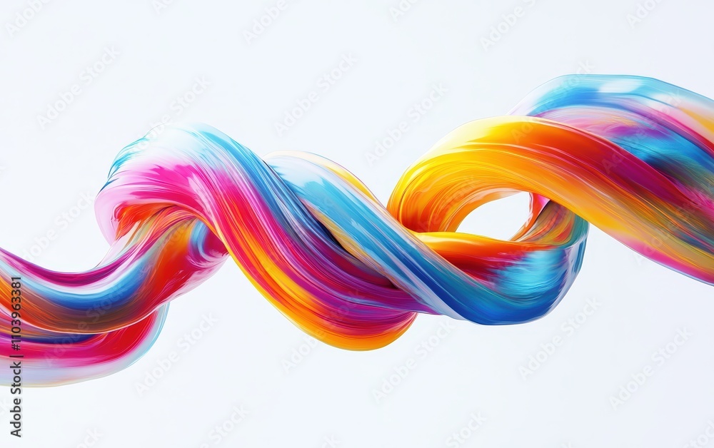 Swirling streams of liquid paint in rainbow colors, intertwining in mid-motion and forming flowing patterns on a clean white surface Swirling streams of liquid paint in rainbow colors, intertwining in mid-motion and forming flowing patterns on a clean white surface