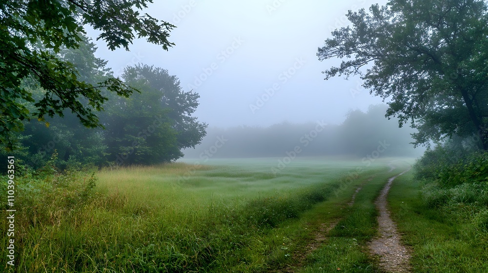 Misty Morning Path Through Green Field and Trees Misty Morning Path Through Green Field and Trees