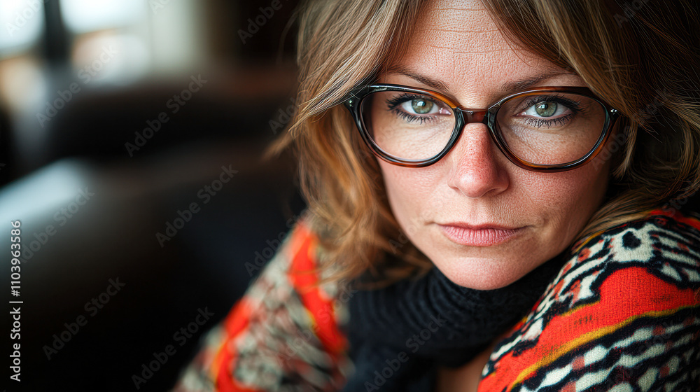 Woman with Glasses Expresses Confidence and Style in a Modern Interior Setting Woman with Glasses Expresses Confidence and Style in a Modern Interior Setting