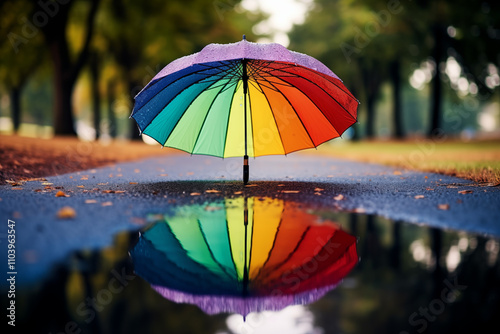 A colorful umbrella open in the rain against a natural backdrop