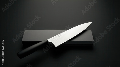 Sharpening stone for kitchen knives. A sleek chef's knife rests atop a sharpening stone, set against a dark background, highlighting its sharpness and precision.