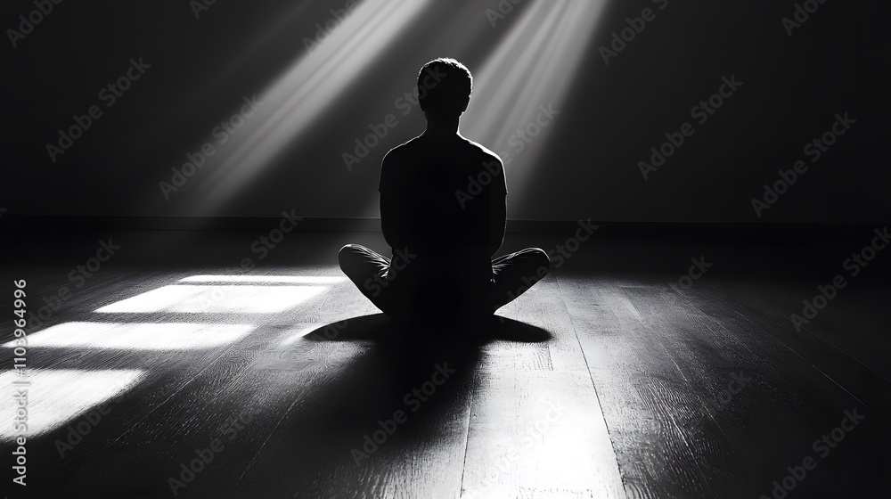 A silhouette sits thoughtfully in a sunbeam, casting dramatic shadows across the floor, embodying introspection and a moment of solitude A silhouette sits thoughtfully in a sunbeam, casting dramatic shadows across the floor, embodying introspection and a moment of solitude