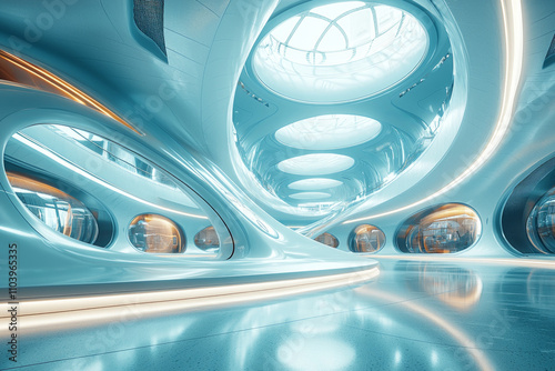 Wallpaper Mural interior showcases futuristic museum design characterized smooth curves expansive open spaces and advanced architectural features. Bright natural light filters skylights. Torontodigital.ca
