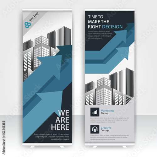 Banners displaying architectural concepts and strategic decision-making in a modern business environment