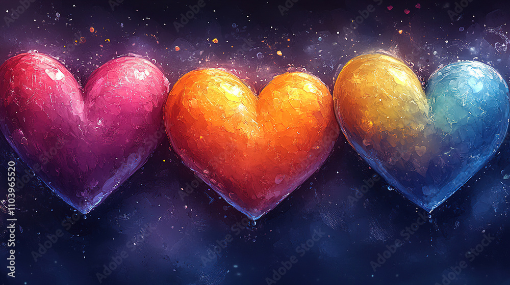 Colorful hearts glowing in a cosmic background create a vibrant atmosphere of love and connection. Generative AI