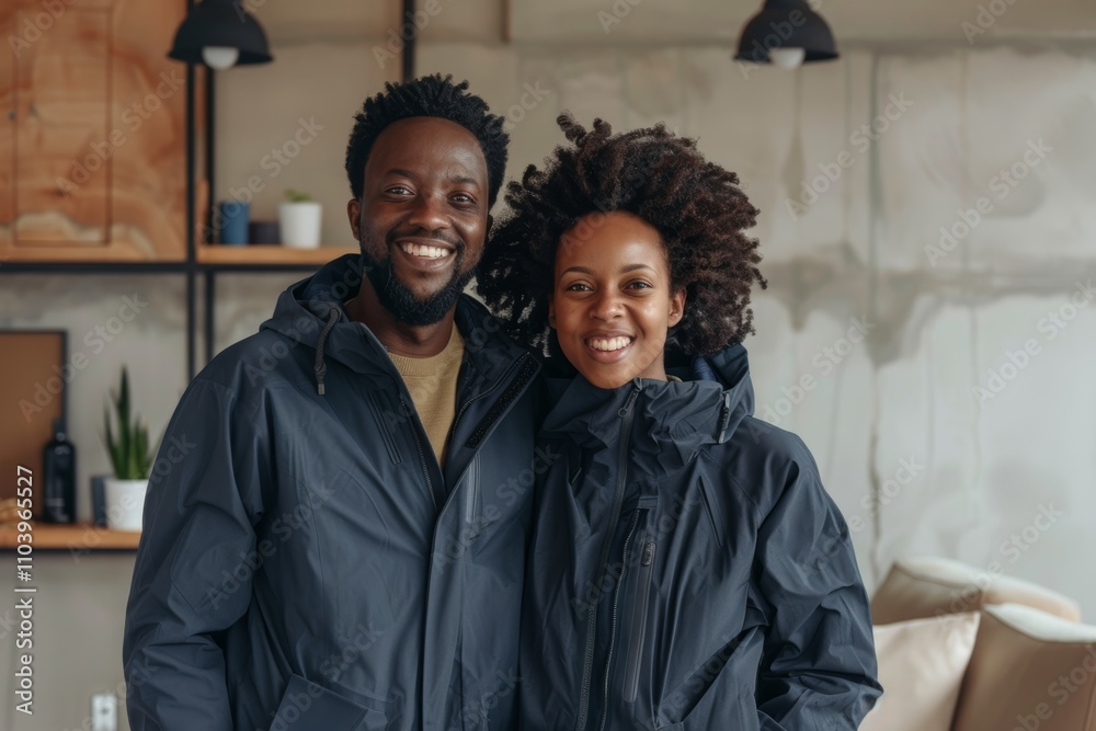 Portrait of a glad afro-american couple in their 30s wearing a windproof softshell while standing against crisp minimalistic living room Portrait of a glad afro-american couple in their 30s wearing a windproof softshell while standing against crisp minimalistic living room
