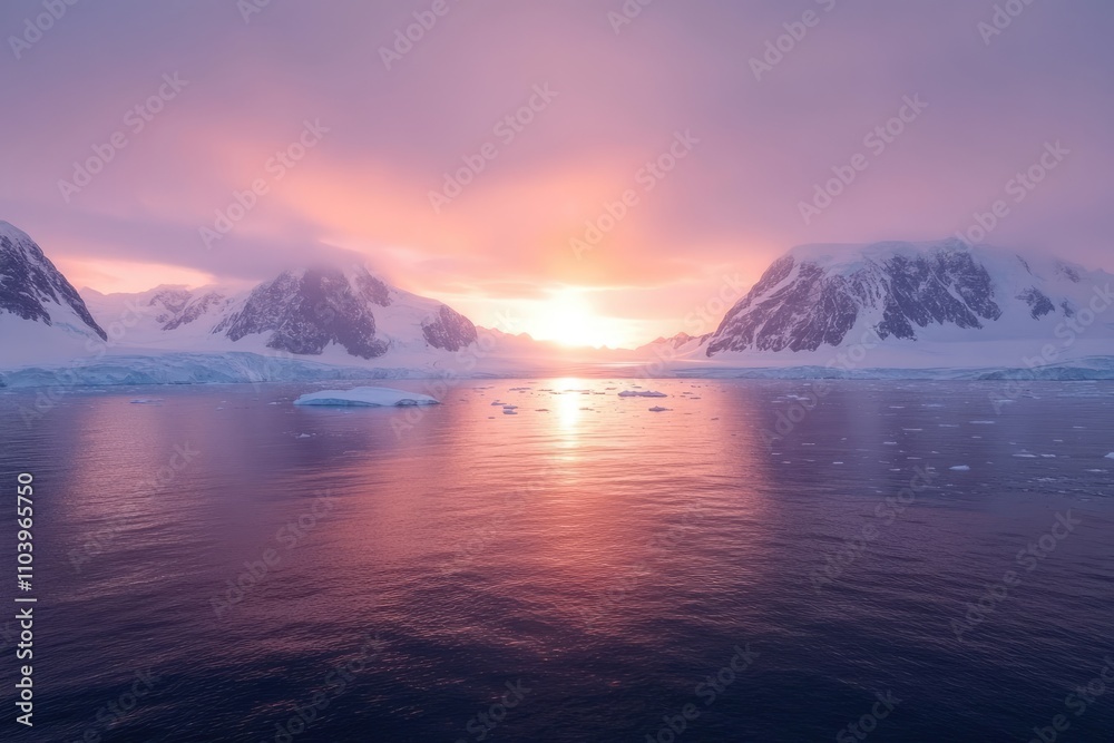 Antarctic Sunset Over Snowy Mountains And Icebergs Antarctic Sunset Over Snowy Mountains And Icebergs