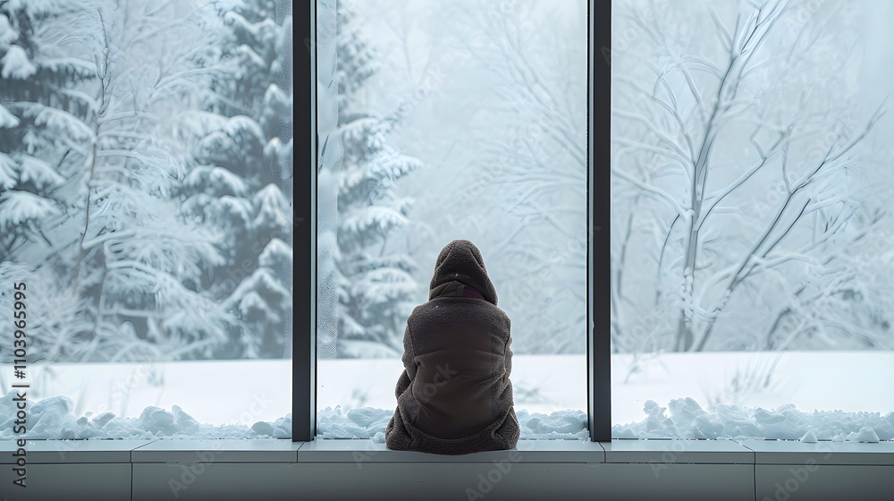 Person Sitting Alone Observing Winter Snowscape Person Sitting Alone Observing Winter Snowscape