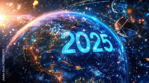 Futuristic depiction of Earth with the year 2025 highlighted.