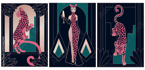 illustrations of art deco style in, woman in leopard dress with 2 leopards