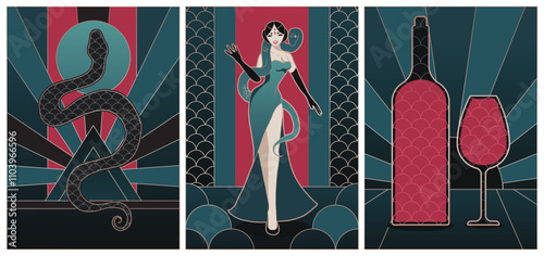 set of art deco illustration with scale pattern, snake style