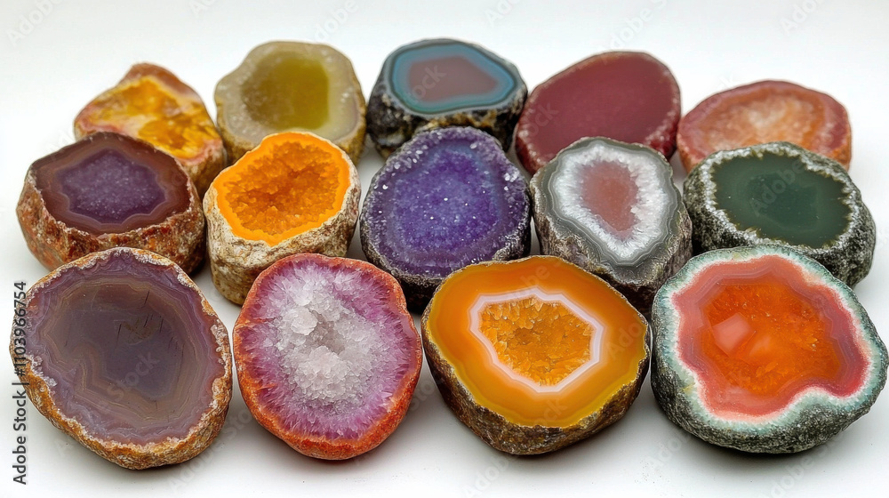 Colorful agate slices showcasing unique patterns and textures, perfect for decor or crafts. Each piece features vibrant hues and natural formations Colorful agate slices showcasing unique patterns and textures, perfect for decor or crafts. Each piece features vibrant hues and natural formations