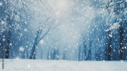 New Year atmosphere. Snow is falling in the winter forest. Winter background