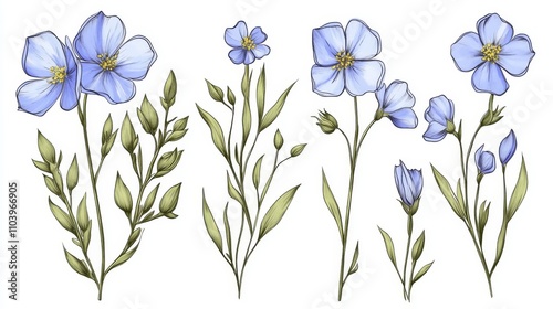 Delicate Blue Flax Flowers: Botanical Illustration