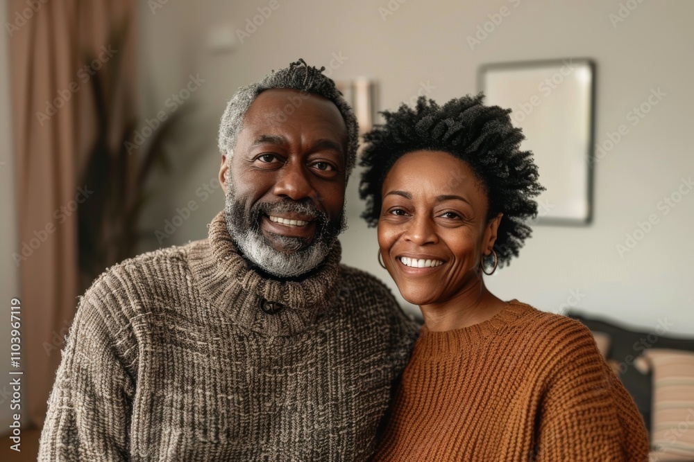 Portrait of a smiling afro-american couple in their 40s dressed in a warm wool sweater isolated on crisp minimalistic living room Portrait of a smiling afro-american couple in their 40s dressed in a warm wool sweater isolated on crisp minimalistic living room